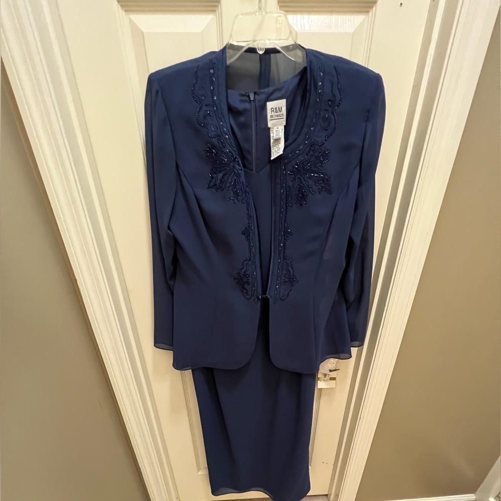 R&M Richard's 2 piece jacket dress, maxi length. Color is Slate. Size 14. NWT